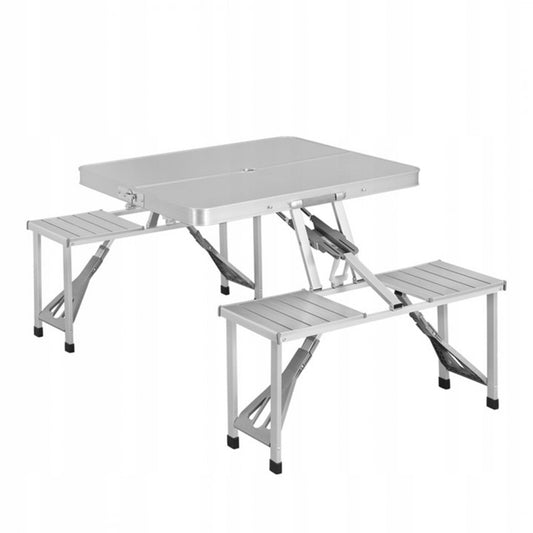 Masă Pliabilă Tip Geamantan cu 4 Scaune din Aluminiu – Ideală pentru Camping și Excursii - OriundeSales