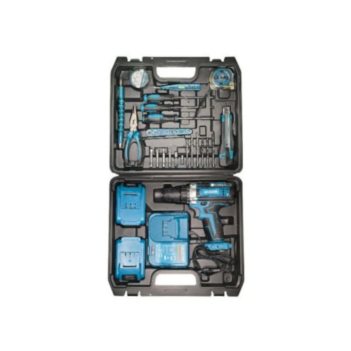 Pachet promoțional- Marele Meserias: Bormasina electrica portabila, 36V, cu percutie, 2 acumulatori, trusa si 30 accesorii, albastru + Lanterna de cap + brățară magnetica încheietura