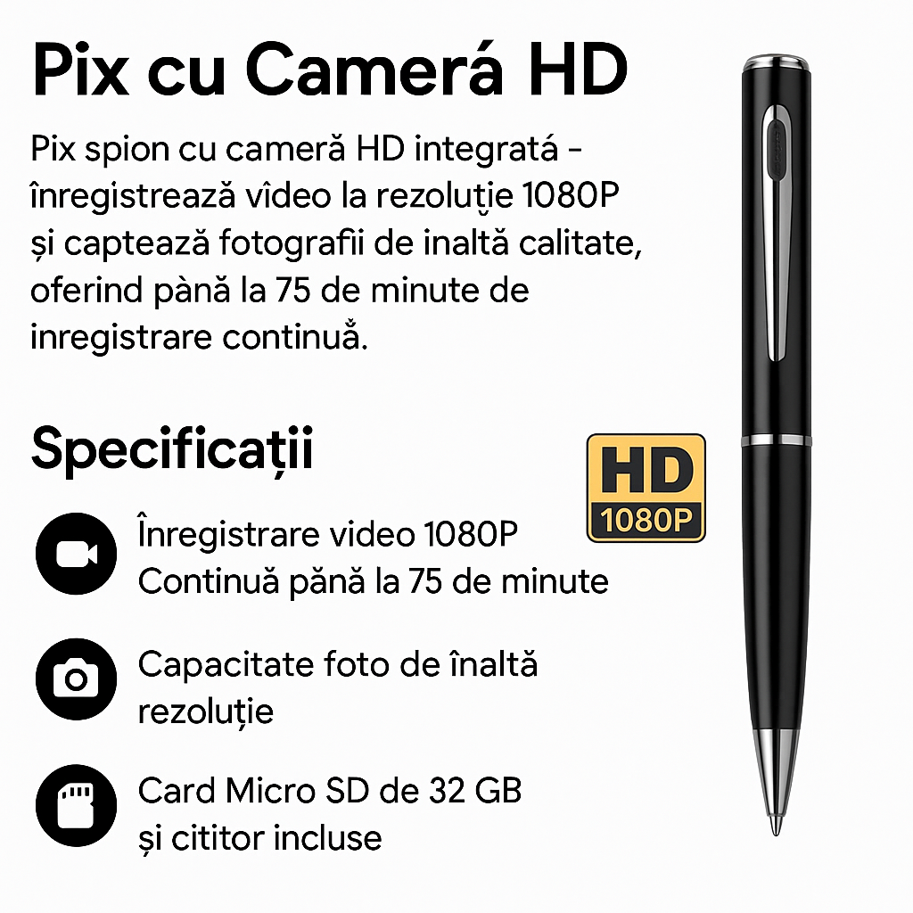 Pix cu Cameră HD 1080P – Înregistrare Video și Foto + Card 32GB Inclus