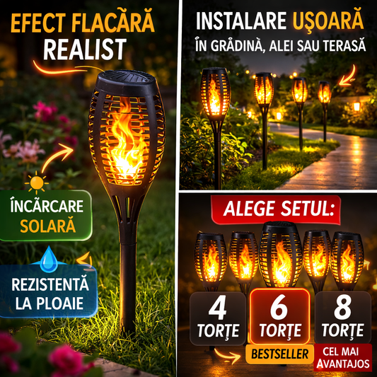 Set 4/6/8 Lampă Solară de Grădină Tip Torță cu Efect Flacără LED – Iluminare Exterior, Rezistentă la Apă, Încărcare Solară Automată