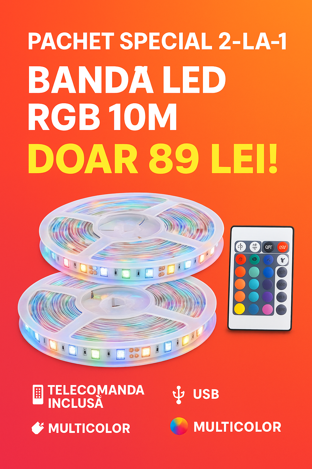 Pachet Special 2-la-1: Bandă LED RGB 10M cu Telecomandă – Doar 89 Lei