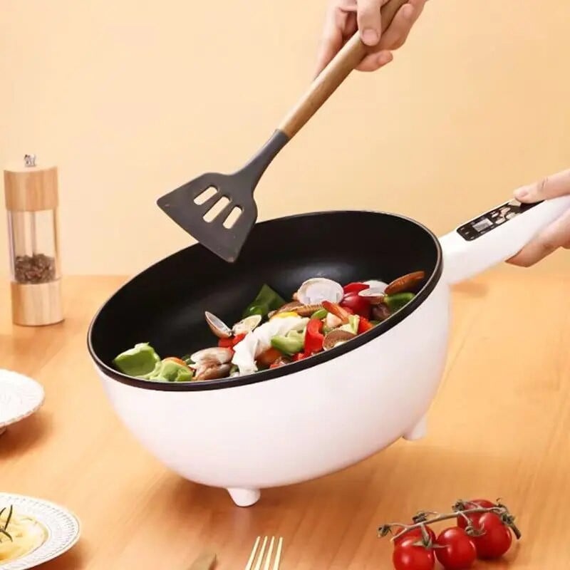 Pachet promoțional: Tigaie electrica 26cm, inteligenta, multifunctionala 4L + Set 12 ustensile de gatit din silicon cu maner din bambus