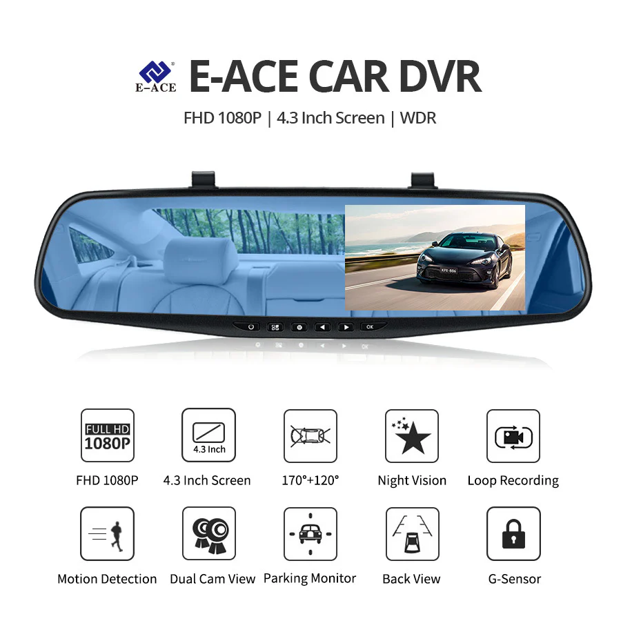 Oglindă Retro vizoare cu Cameră HD 1080P, DVR Auto, Microfon și Difuzor Incorporate + Cameră Suplimentară Marșarier – 4.5 Inch