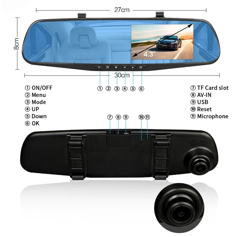 Oglindă Retro vizoare cu Cameră HD 1080P, DVR Auto, Microfon și Difuzor Incorporate + Cameră Suplimentară Marșarier – 4.5 Inch