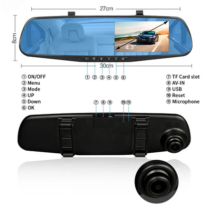 Oglindă Retro vizoare cu Cameră HD 1080P, DVR Auto, Microfon și Difuzor Incorporate + Cameră Suplimentară Marșarier – 4.5 Inch