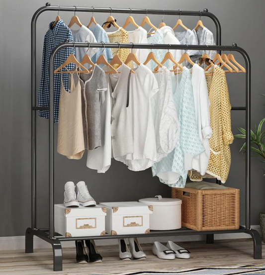Suport haine dublu negru, 150 x 120 x 45 cm, fără roți