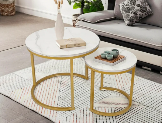 Set 2 Masute pentru sufragerie - 50*50*39.5 70*70*43.5 - alb cu auriu