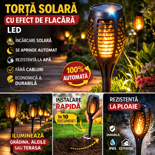 Set 4/6/8 Lampă Solară de Grădină Tip Torță cu Efect Flacără LED – Iluminare Exterior, Rezistentă la Apă, Încărcare Solară Automată