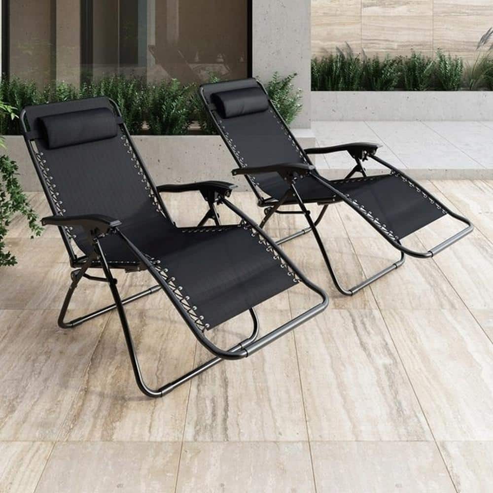 Set 2xscaune tip Sezlong Pliabil Gravitatie Zero Pentru Terasa Gradina sau Plaja Tetiera Suport Bauturi Reglabil Negru