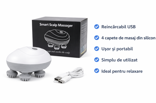 Aparat Electric Masaj Cap și Scalp – Relaxare Instant, Antistres, 4 Capete Silicon, Reîncărcabil USB