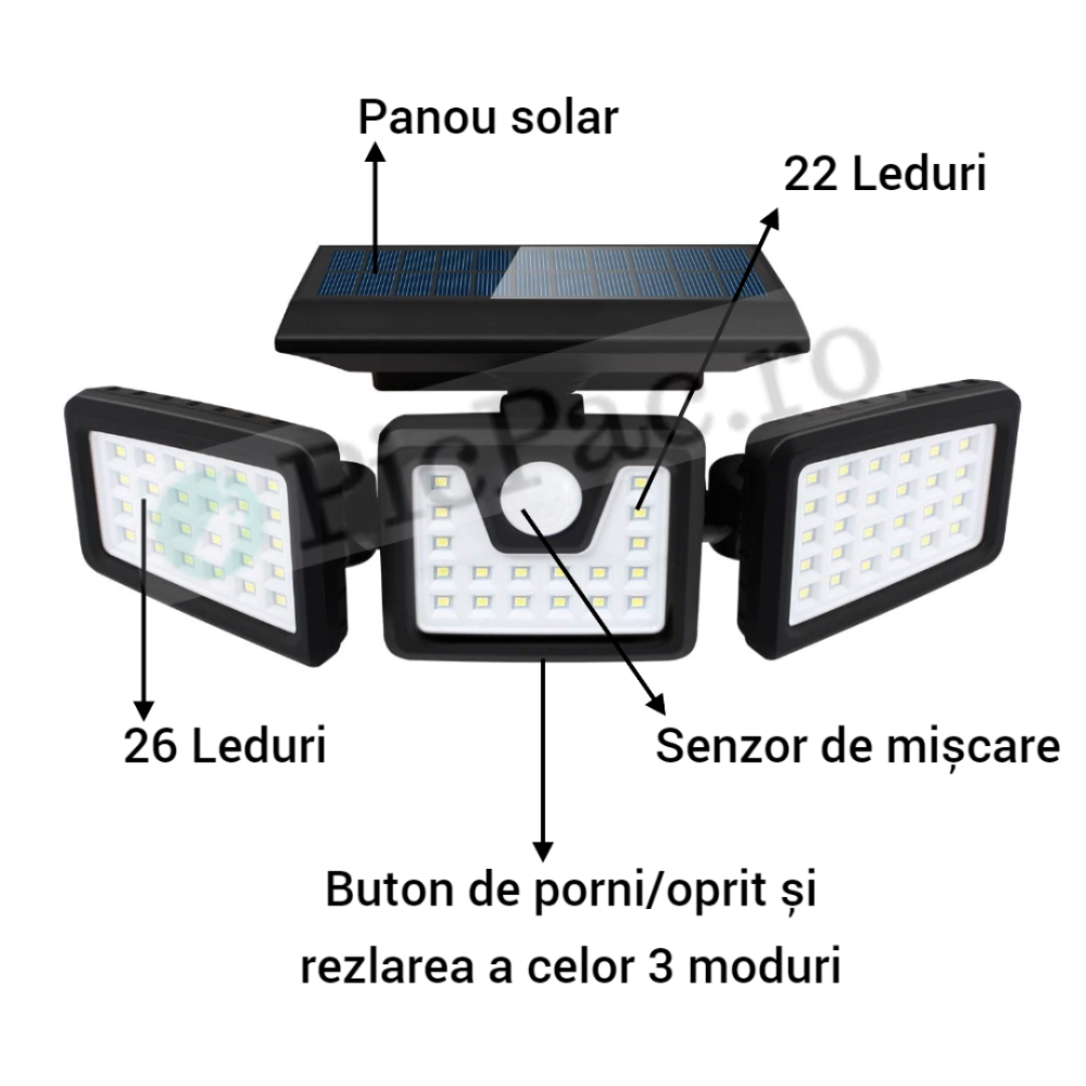 Lampa solară cu 3 capete – Iluminare eficientă și design elegant pentru curtea ta