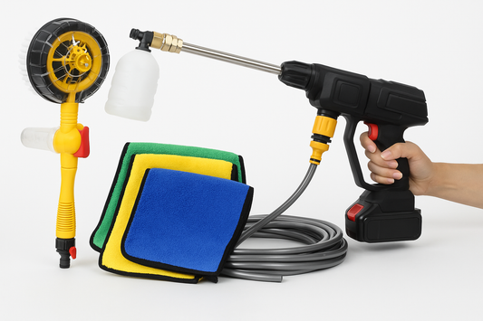 Pachet Promoțional Spălare Auto: Presiune + Perie Spumă + 3 Lavete Microfibră