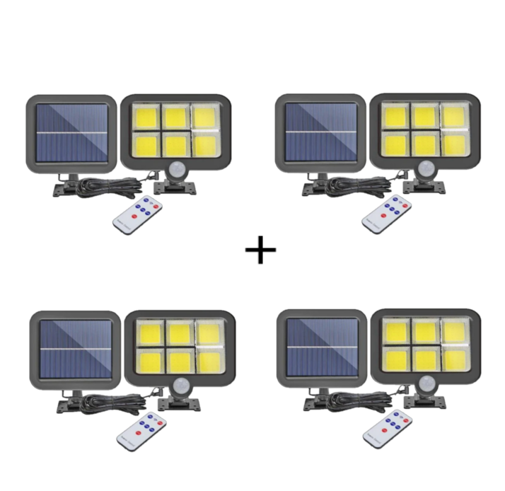 Set 4 Lămpi Solare Ultra-Puternice 250W, Tehnologie 6x COB LED, Senzor de Mișcare și Telecomandă – Iluminat Exterior 0 Lei Factură