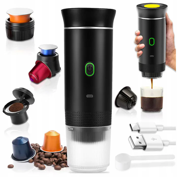 Espressor Portabil 3 în 1 – Capsule Nespresso, Dolce Gusto & Cafea Măcinată